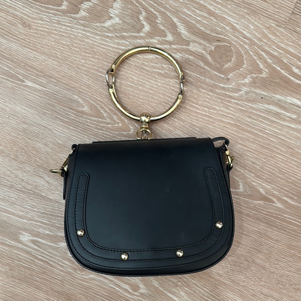 Black Leather Handbag with Gold Accents